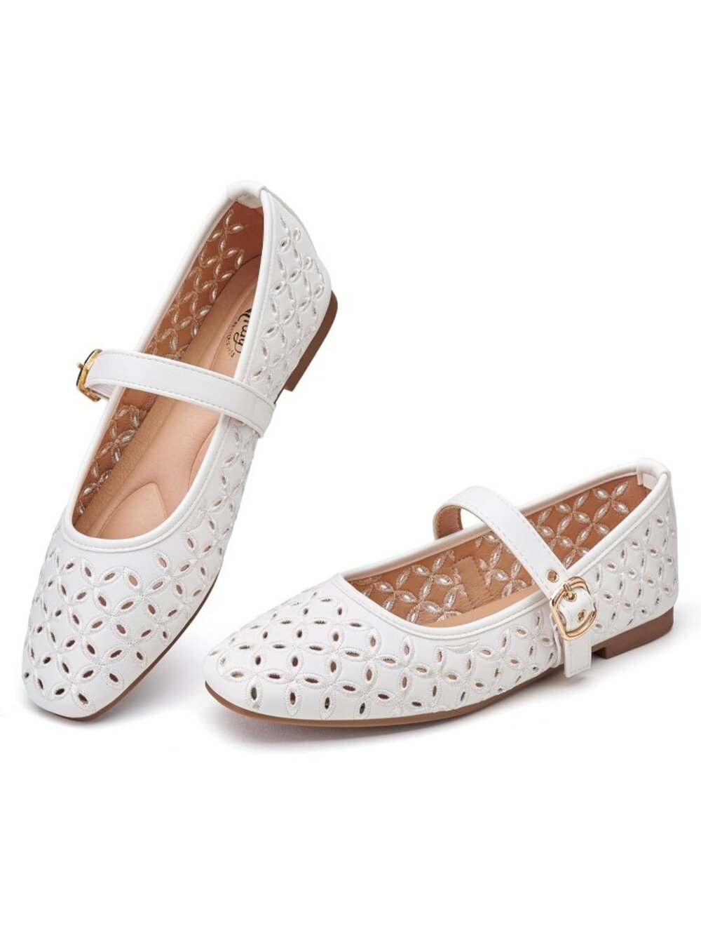 Women's White Mary Jane Hollow Flats Round Toe Ankle Strap Comfortable Shoes
